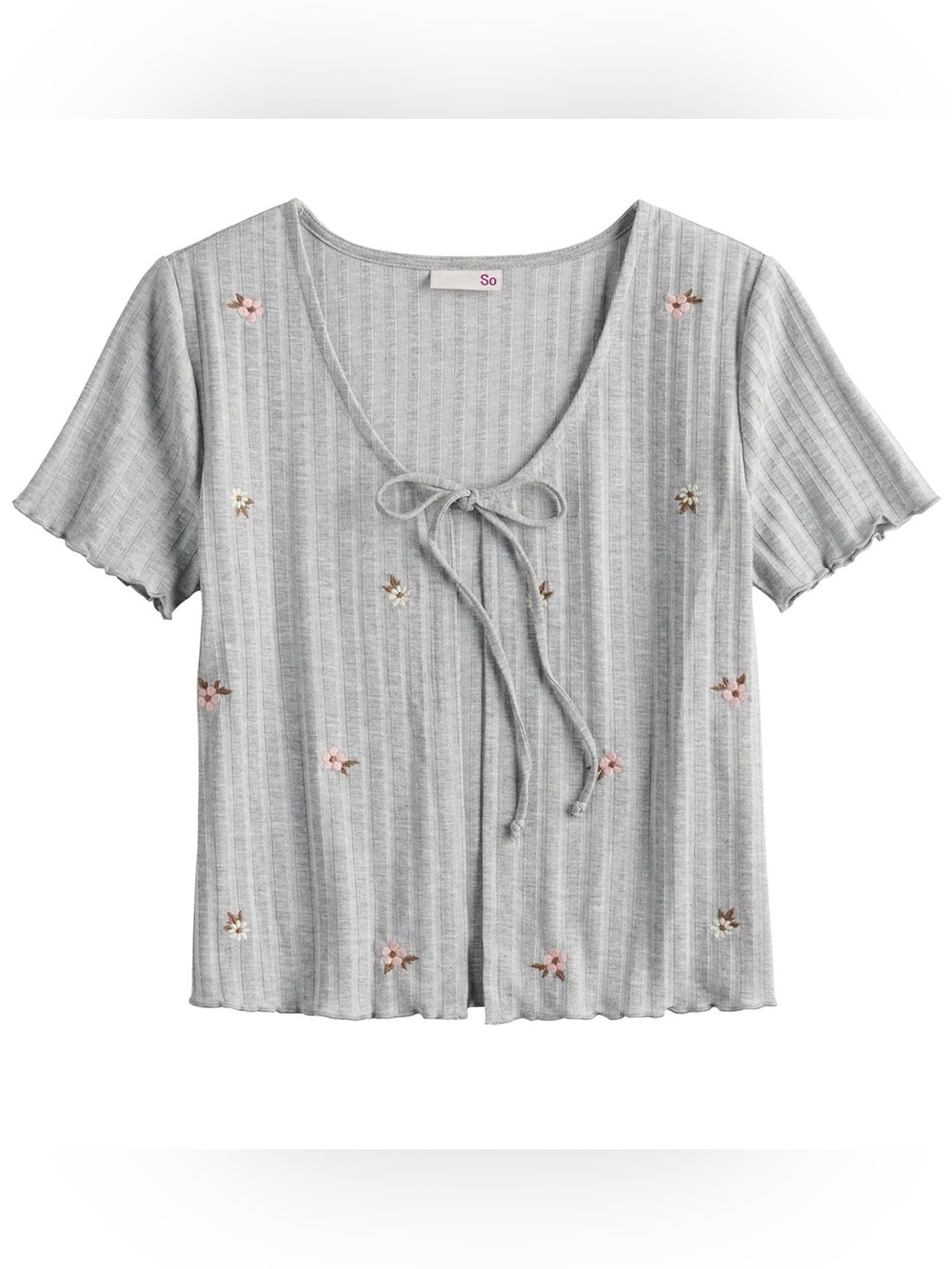 SO Gray Ribbed Short Sleeve Tie-Front Top with Pink & Gold Floral Embroidery